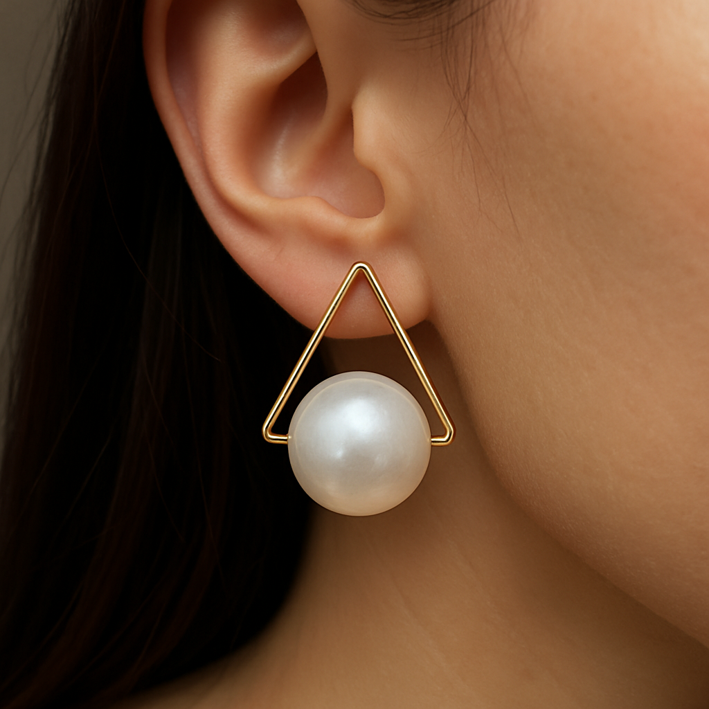 AM-1118 - Gold Triangle Stud Earrings With Pearl